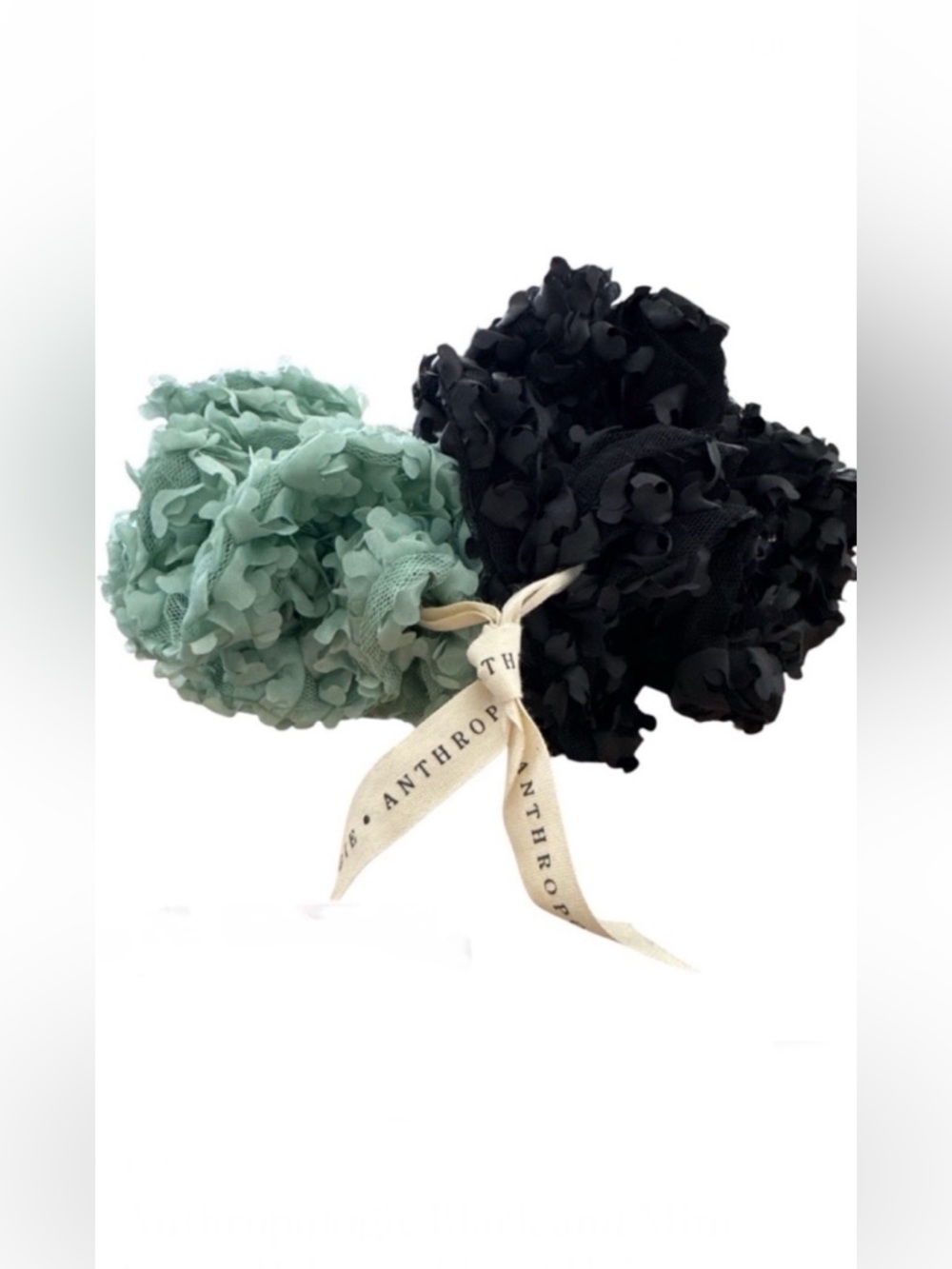 Anthropologie Black and Mint Green Beltcore Floral Hair Scrunchies Set of 2